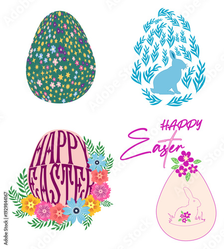 A set of Easter cards with an egg, bunny and flowers. The inscriptions read He is risen, Happy Easter.
