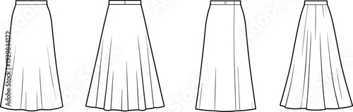 Long Skirt Fashion Templates Set, Women Maxi and A Line Skirt Outline Illustrations Isolated on White Background for Apparel Design