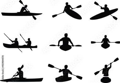 Kayaker Silhouettes Set in Different Paddling Positions, Canoe and Kayak Athletes Isolated on White Background, Water Sport Adventure Illustration Collection
