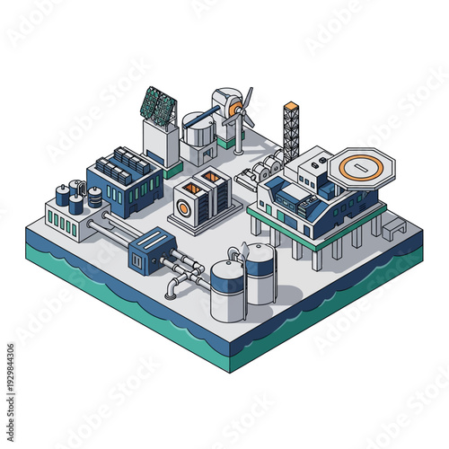 Isometric illustration of an offshore oil rig platform with various industrial equipment and structures.
