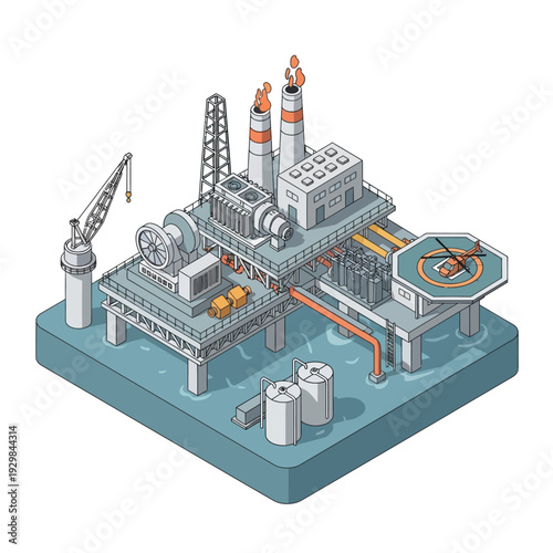 Isometric illustration of an offshore oil rig platform.