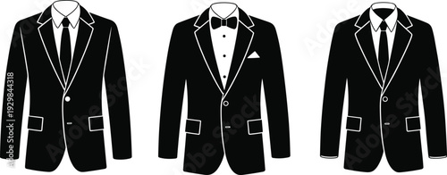 Set of Black Tuxedo and Suit Jackets with Bow Tie and Necktie, Formal Menswear Illustration Isolated on White Background for Fashion Design