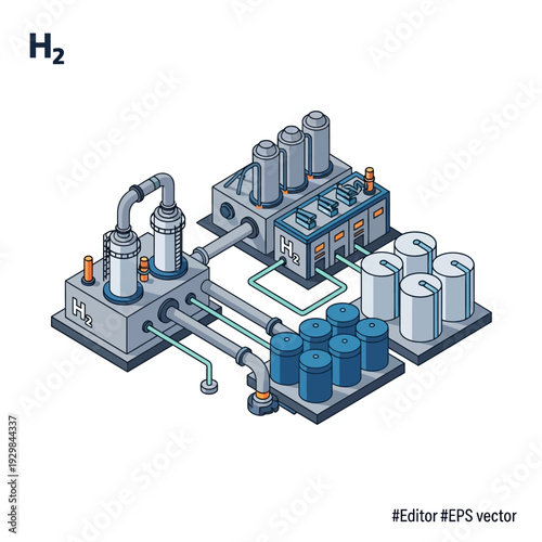 Isometric illustration of a hydrogen production plant, showcasing industrial equipment, storage tanks, and pipelines for clean energy generation.