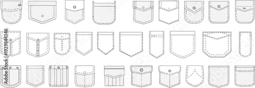 Set of Jeans Pocket Outline Templates, Denim Stitching and Patch Pocket Variations Isolated on White Background for Fashion Design and Apparel Mockup
