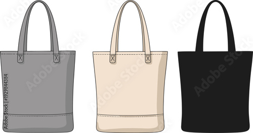 Set of Tote Bag Mockups in Gray, Beige and Black Colors, Reusable Canvas Shopping Bags Isolated on White Background for Branding Design