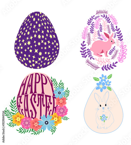 A set of Easter cards with an egg, bunny and flowers. The inscriptions read He is risen, Happy Easter.