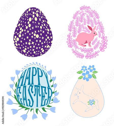 A set of Easter cards with an egg, bunny and flowers. The inscriptions read He is risen, Happy Easter.