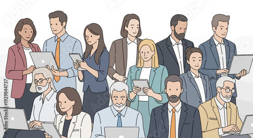 Diverse group of professionals working together on laptops in a modern office environment from a front viewpoint