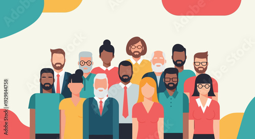 Diverse group of people standing together in a vibrant illustration from a straightforward viewpoint