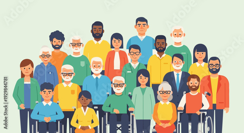 Diverse group of people with disabilities standing together in a vibrant illustration