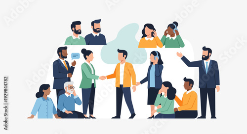 Diverse group of professionals collaborating and discussing ideas in a modern office setting from a high viewpoint