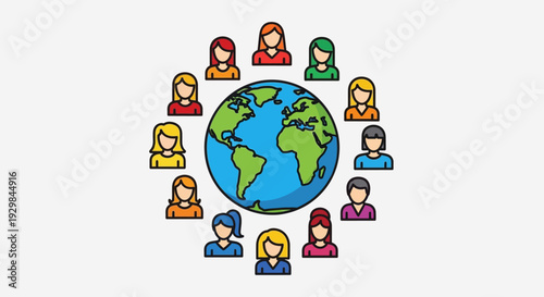 Diverse Group of People Around the World Map Illustration