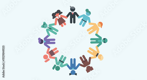 Diverse group of people holding hands in a circle, teamwork and unity concept illustration