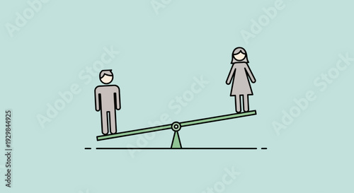 Man and woman standing on seesaw, balancing act, equality theme, simple illustration, neutral background