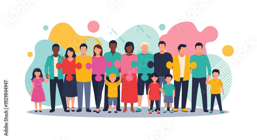 Diverse group of people standing together in a colorful illustration of unity and togetherness from a straightforward viewpoint