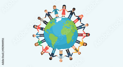 Diverse people unite around the Earth in a global illustration from a top viewpoint