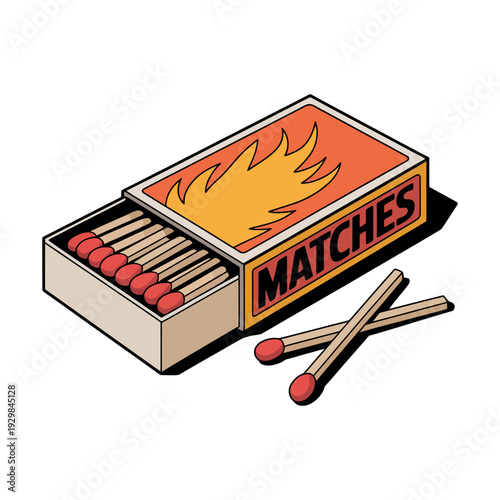 A cartoon illustration of a matchbox with matches spilling out on a white background