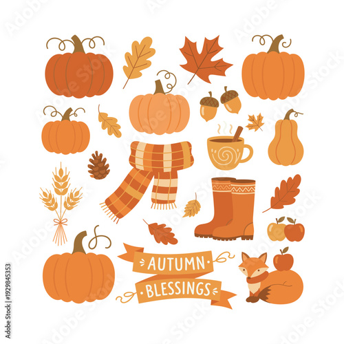 Fall harvest bundle featuring pumpkins, pine cones, cozy scarf, warm drink, rubber boots, pears, and wheat symbols