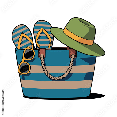 A colorful beach bag with flip flops, sunglasses, and a hat, ready for a summer vacation.