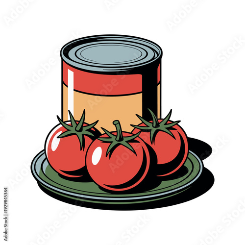 A cartoon illustration of a can of tomatoes on a plate with fresh tomatoes