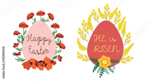 A set of Easter cards with an egg, bunny and flowers. The inscriptions read He is risen, Happy Easter 