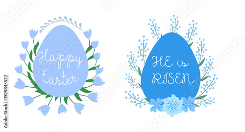 A set of Easter cards with an egg, bunny and flowers. The inscriptions read He is risen, Happy Easter 