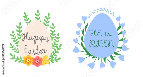 A set of Easter cards with an egg, bunny and flowers. The inscriptions read He is risen, Happy Easter 