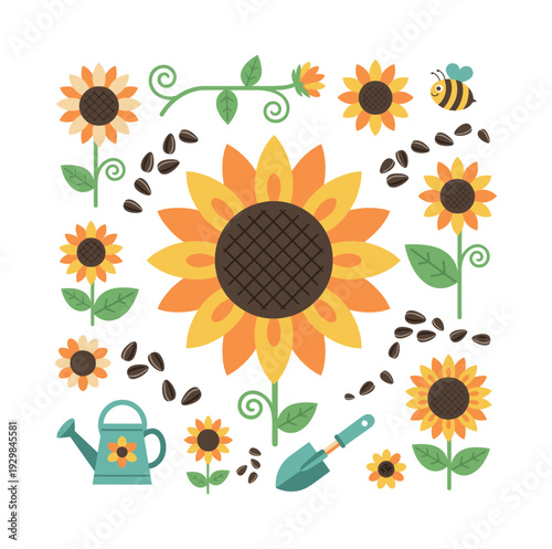 Sunflowers and related elements arranged in a pattern, featuring a gardening theme with seeds and tools