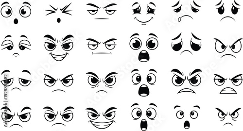 Comprehensive Cartoon Facial Expression Set Featuring Diverse Eyes and Mouths Representing Shock Anger Sadness and Joy for Character Design and Avatars