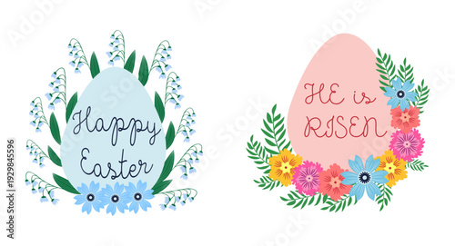 A set of Easter cards with an egg, bunny and flowers. The inscriptions read He is risen, Happy Easter 