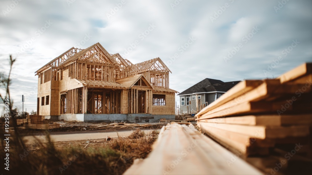 Obraz premium New Home Construction Framing with Lumber Stacked and Blue Sky Background on Suburban Construction Site