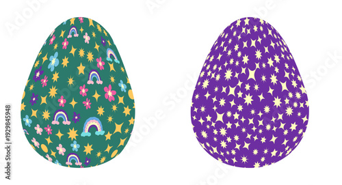 Set of Easter egg with flowers and stars. Seamless patterned eggs with polka dots, flowers
