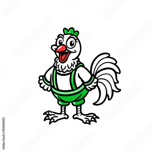 Cartoon illustration of a happy chicken wearing green overalls, standing on a white background, with a cheerful expression.