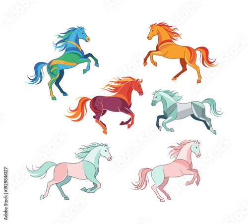Group of stylized horses in bright colors with flowing manes and tails, illustrating motion, energy, and equestrian beauty on a white background