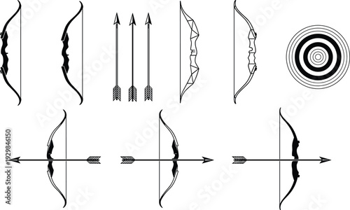 Minimalist Archery Equipment Set Featuring Recurve Bows Fletched Arrows and Concentric Circular Target Silhouettes for Sports Branding and Gaming UI