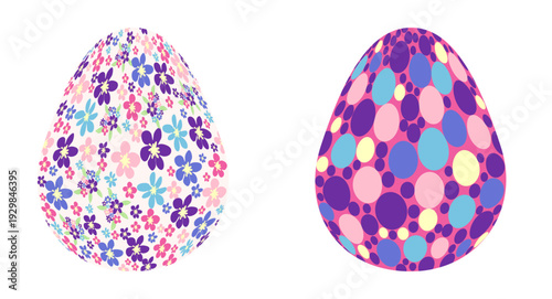 Set of Easter egg with flowers and stars. Seamless patterned eggs with polka dots, flowers