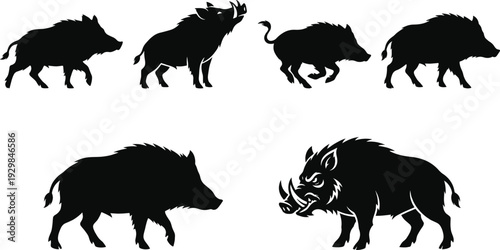 Wild boar silhouette set, razorback hog icons, feral pig vectors, forest swine shapes, hunting symbols, wildlife graphics, woodland creature outlines, isolated, set