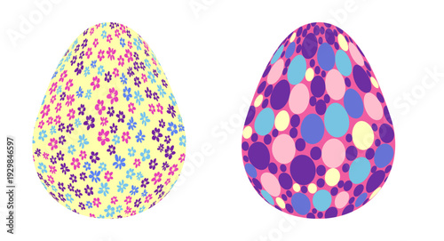 Set of Easter egg with flowers and stars. Seamless patterned eggs with polka dots, flowers