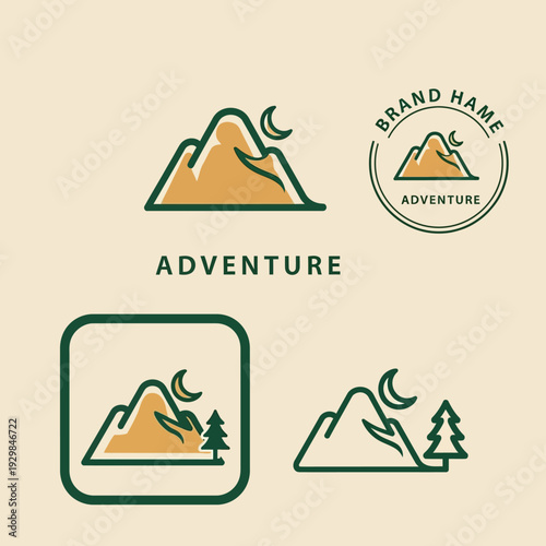 Adventure logo design templates with mountains and trees.