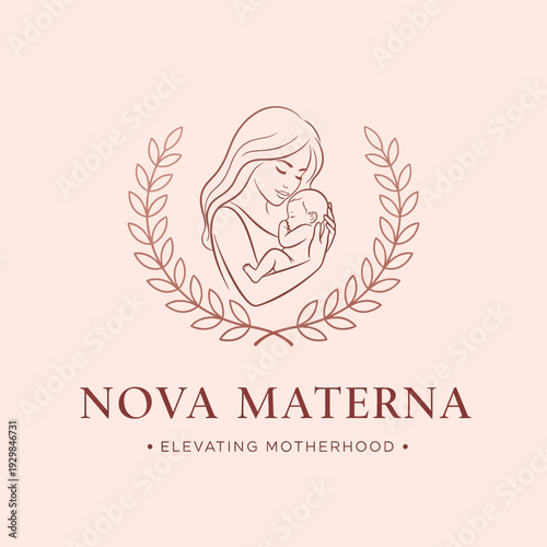 Mother and Child Illustration with Laurel Wreath Nova Materna Logo.