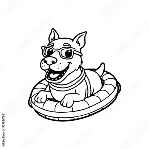Cute cartoon dog with sunglasses floating on an inflatable ring, black and white outline for coloring.