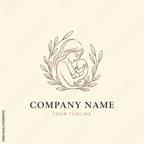 Mother and Child Illustration with Leaves and Placeholder Text.