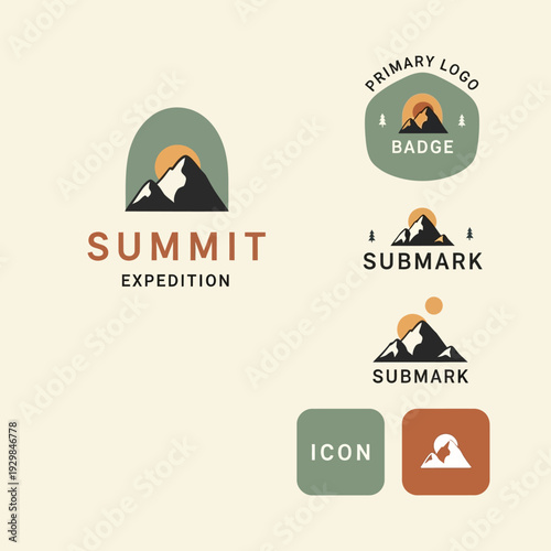 Summit Expedition Logo Design with Badge and Icon Variations.