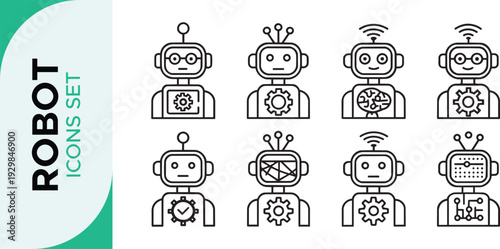 Robot Icon Set,  Robotics Line Art Icon Set – AI, Automation, and Futuristic Technology Outline Symbols Bot AI icon set robot assistant virtual smart character bubble logo 