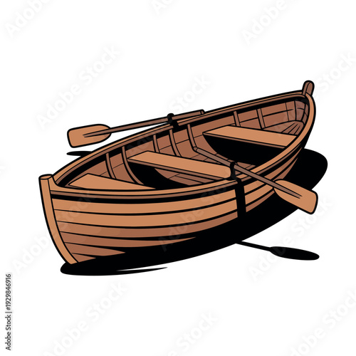A wooden rowboat with oars on a calm body of water, ready for a peaceful journey