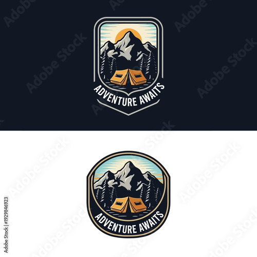 Camping Adventure Awaits Logo Design with Mountains and Tent.