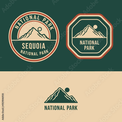 National Park Logos Featuring Mountain Landscapes and Typography.