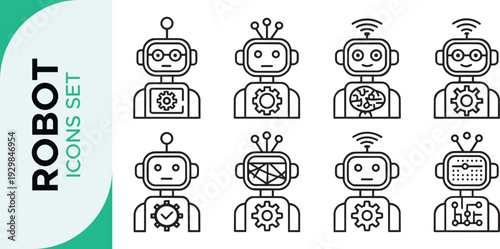 Robot Icon Set,  Robotics Line Art Icon Set – AI, Automation, and Futuristic Technology Outline Symbols Bot AI icon set robot assistant virtual smart character bubble logo 