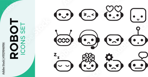 Robot Icon Set,  Robotics Line Art Icon Set – AI, Automation, and Futuristic Technology Outline Symbols Bot AI icon set robot assistant virtual smart character bubble logo 