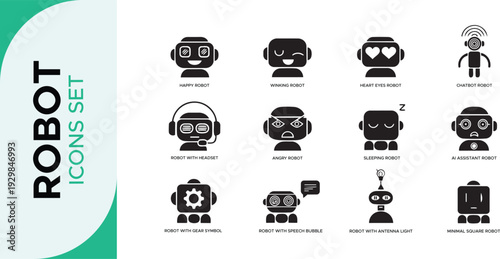 Robot Icon Set,  Robotics Line Art Icon Set – AI, Automation, and Futuristic Technology Outline Symbols Bot AI icon set robot assistant virtual smart character bubble logo 